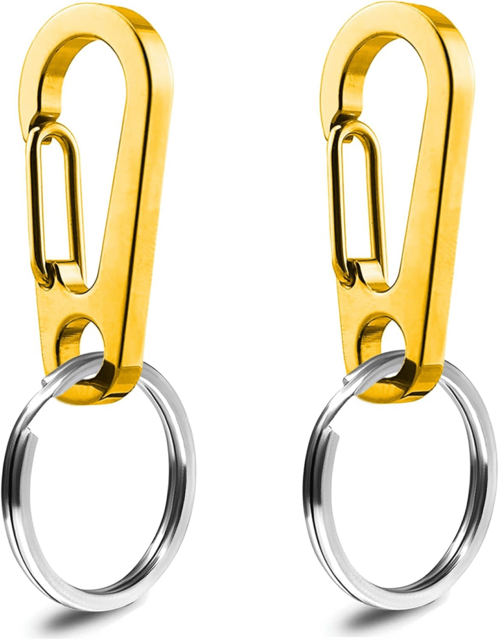 IVIA Dog Tag Clips / 2 Pack/Multiple Size 304 Stainless Steel Quick Clip with Rings/Easy Change Dog Cat ID Tag Holder for Small Pet Collars and Harnesses.(2 Medium Gold)