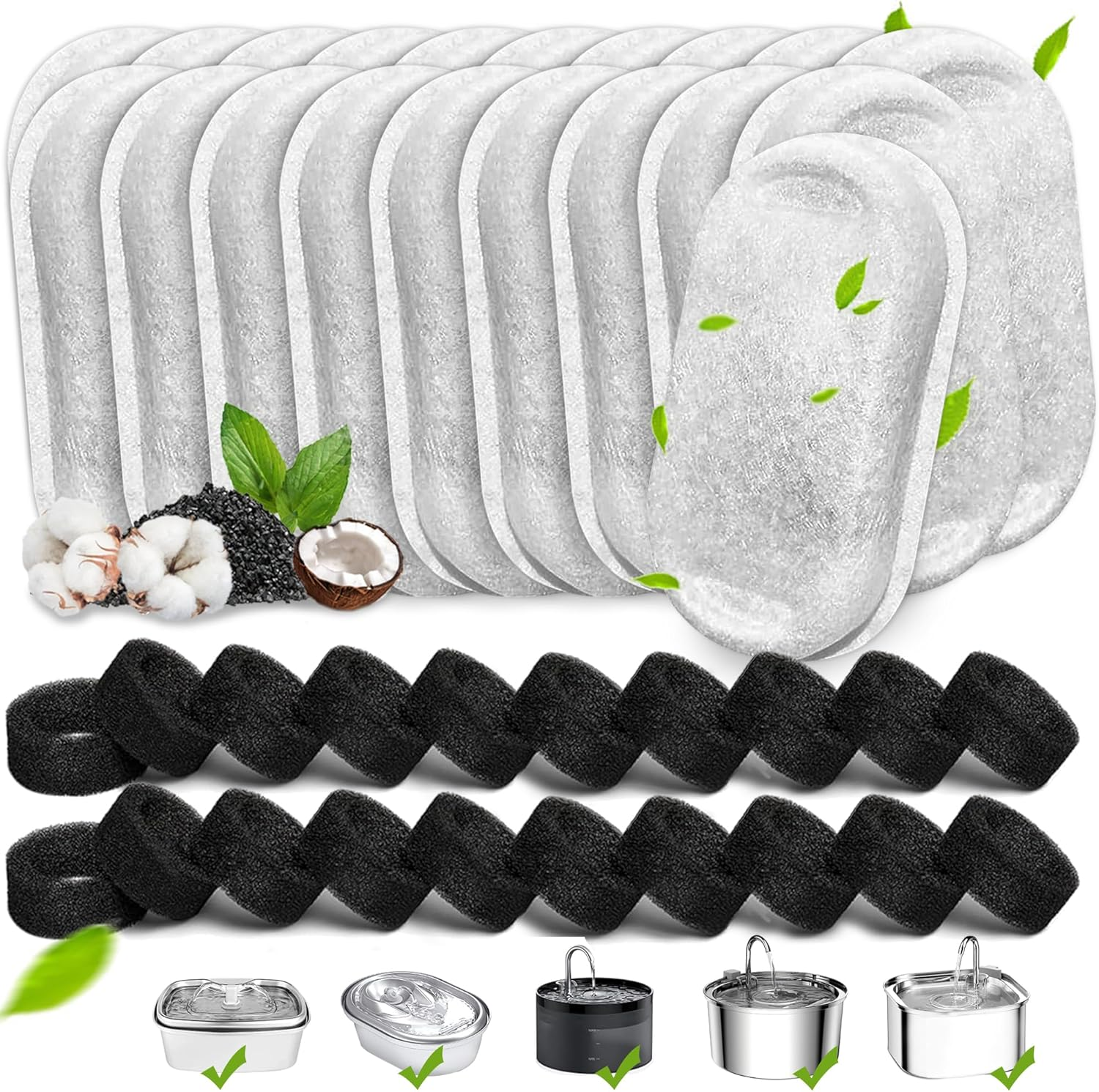 Cat Water Fountain Filters, 40 Pack Pet Fountain Replacement Filter | for Stainless Steel 108Oz/3.2L& 67Oz/2L Adjustable Water Flow Pet Filters ,Dog Water Filter（20 Filter& 20 Sponges)